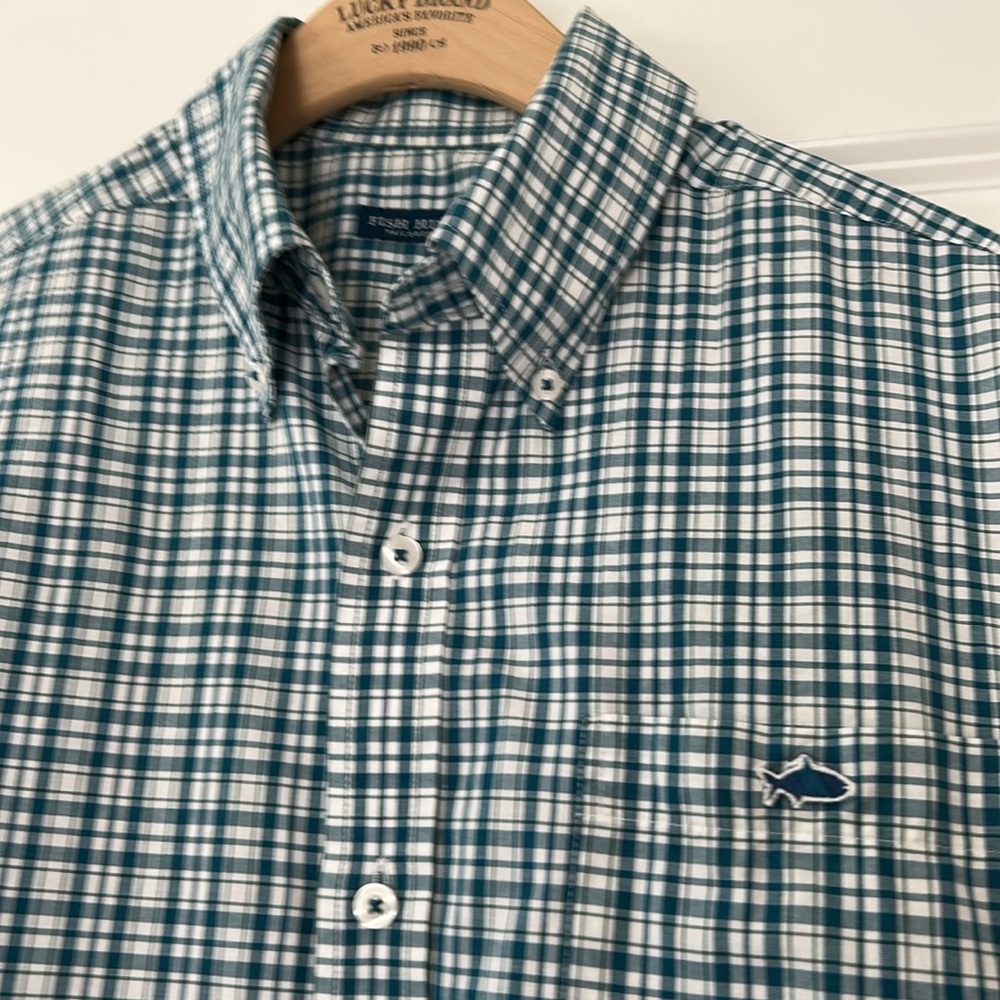 Fish Hippie Tailored Fit Green & White Plaid Button Up Shirt w Pocket, Logo Sz M